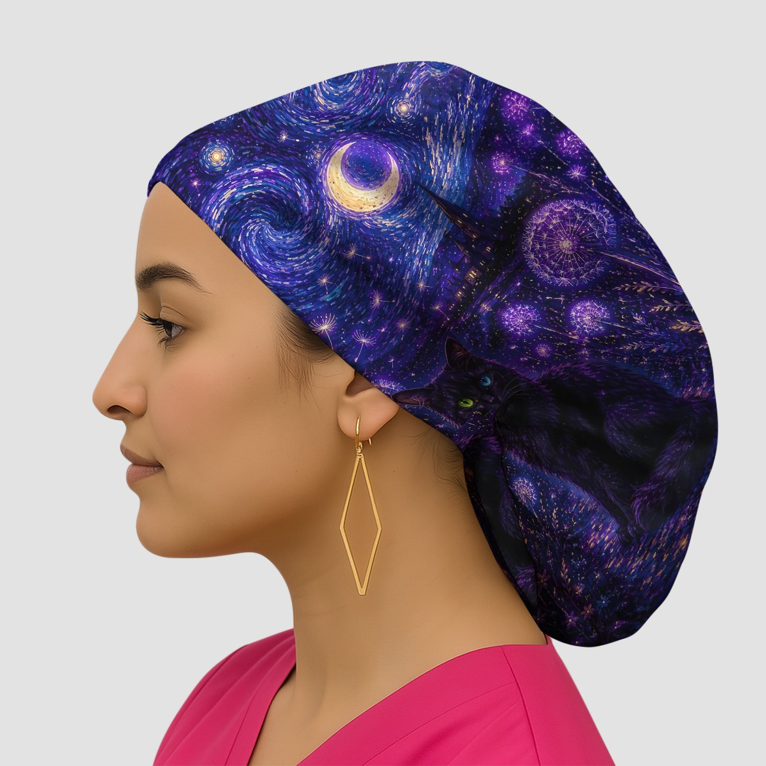 Mystical Black Cat Starry Night Print Scrub Cap, Surgical Caps for Doctors