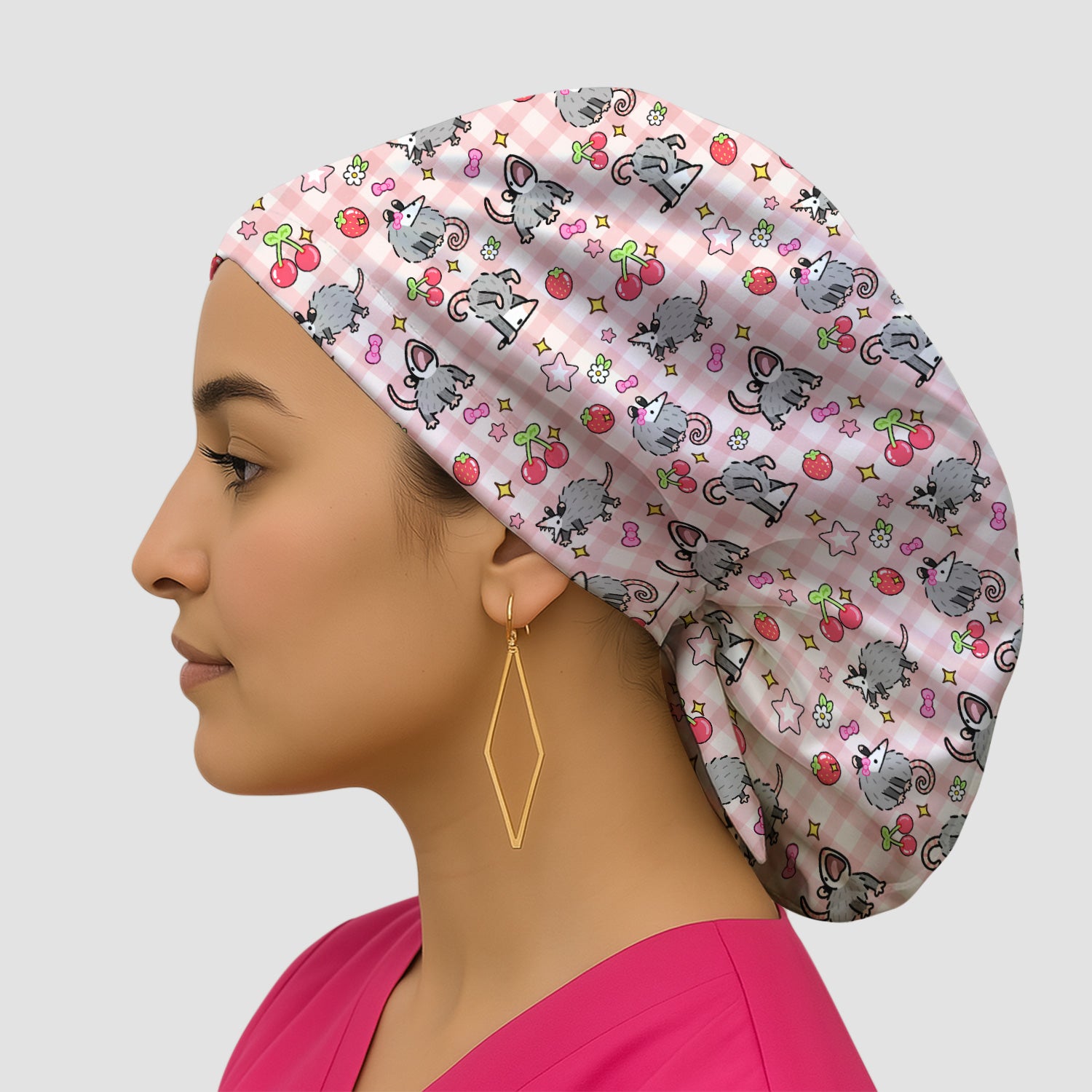 Cute Opossum And Cherries Gingham Pattern Scrub Cap, Surgical Caps for Doctors
