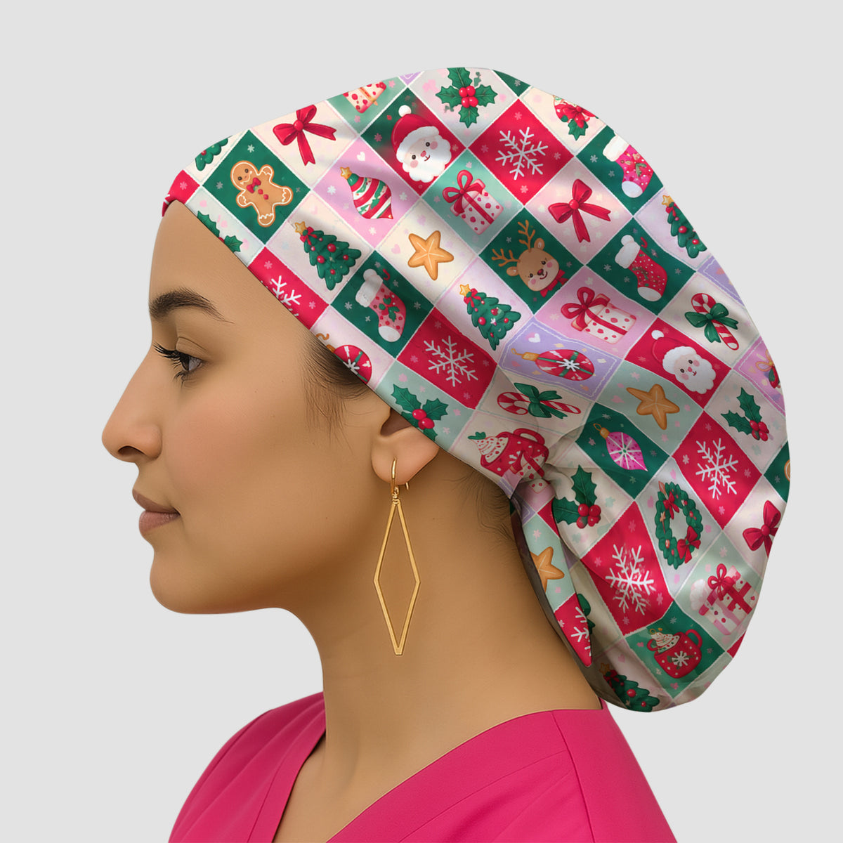 Cute Christmas Santa Patchwork Scrub Cap, Surgical Caps for Doctors