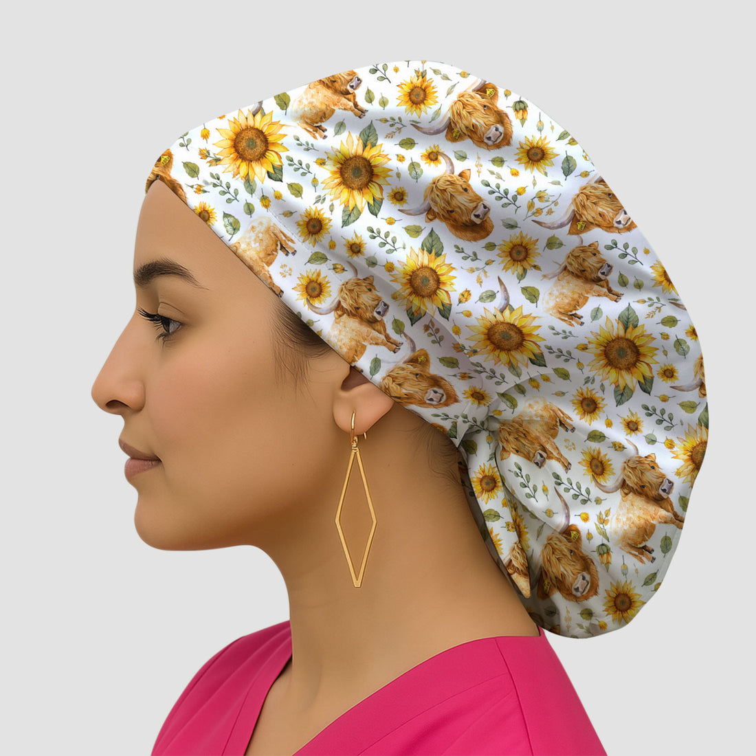 Highland Cow Sunflower Pattern Scrub Cap, Surgical Caps for Doctors