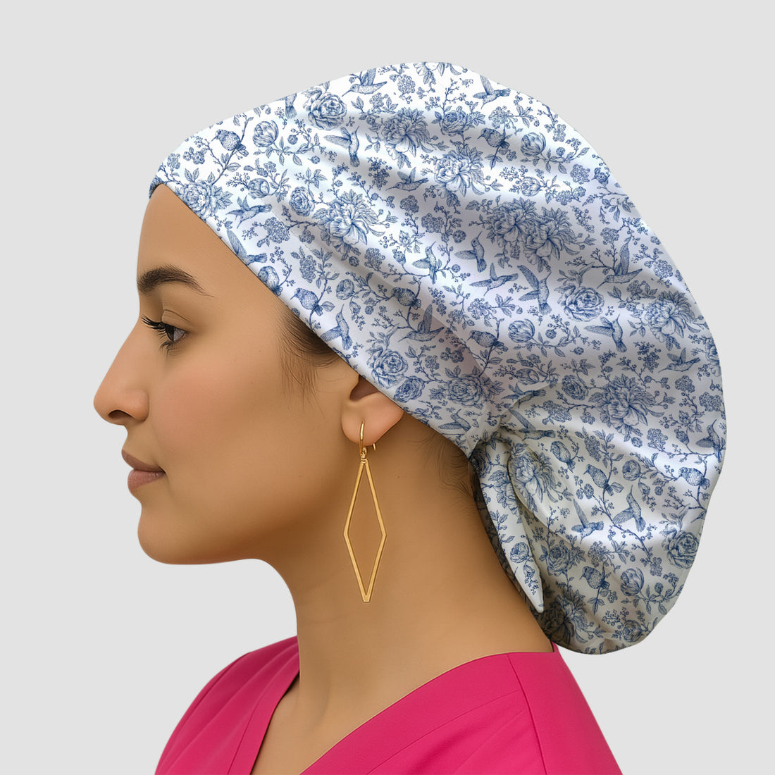 Blue Toile Hummingbird Floral Pattern Scrub Cap, Surgical Caps for Doctors