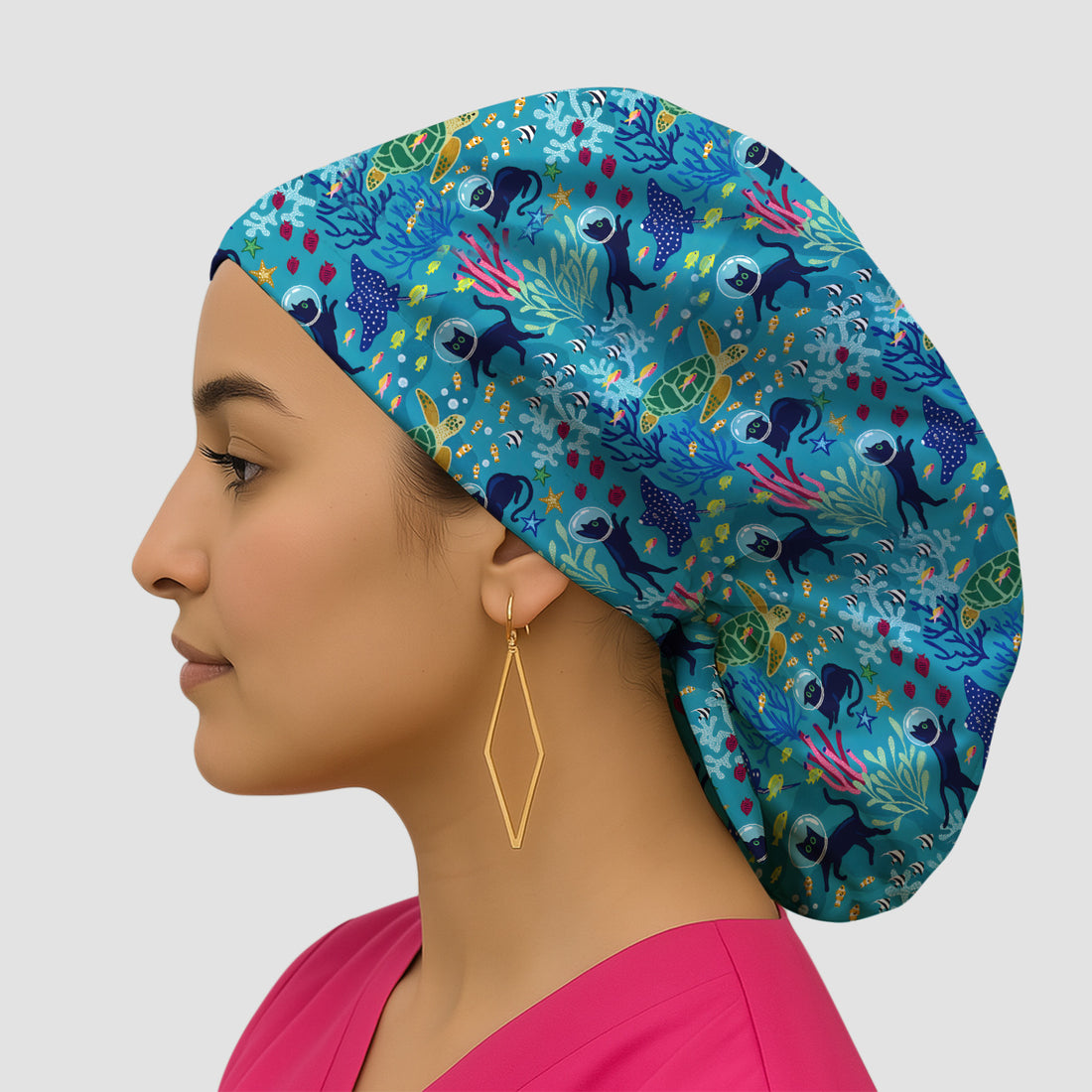 Underwater Cat Turtle Veterinary Pattern Scrub Cap, Surgical Caps for Doctors