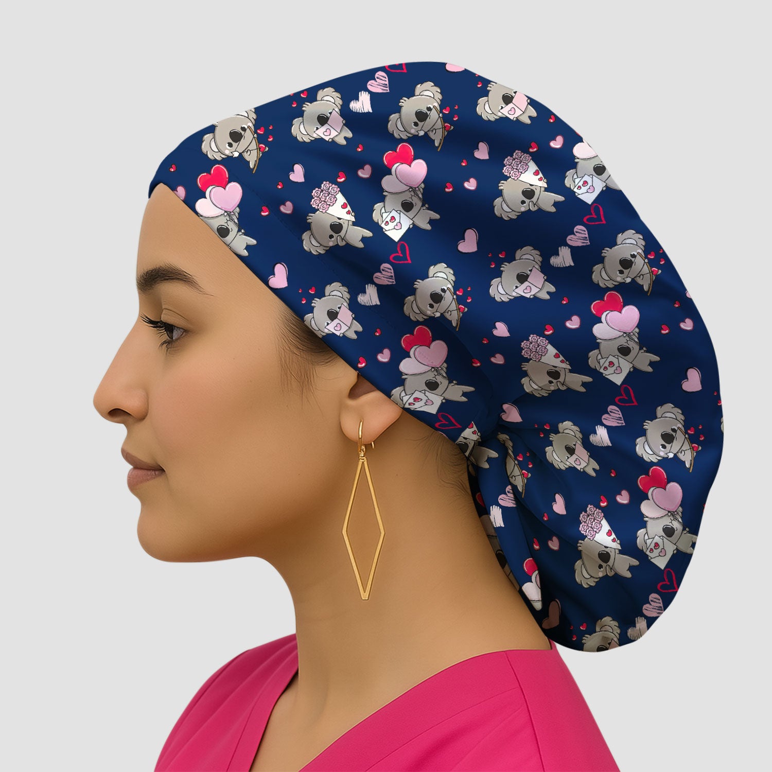 Valentine Koala Holding Flowers Cute Print Scrub Cap, Bouffant Caps for Women