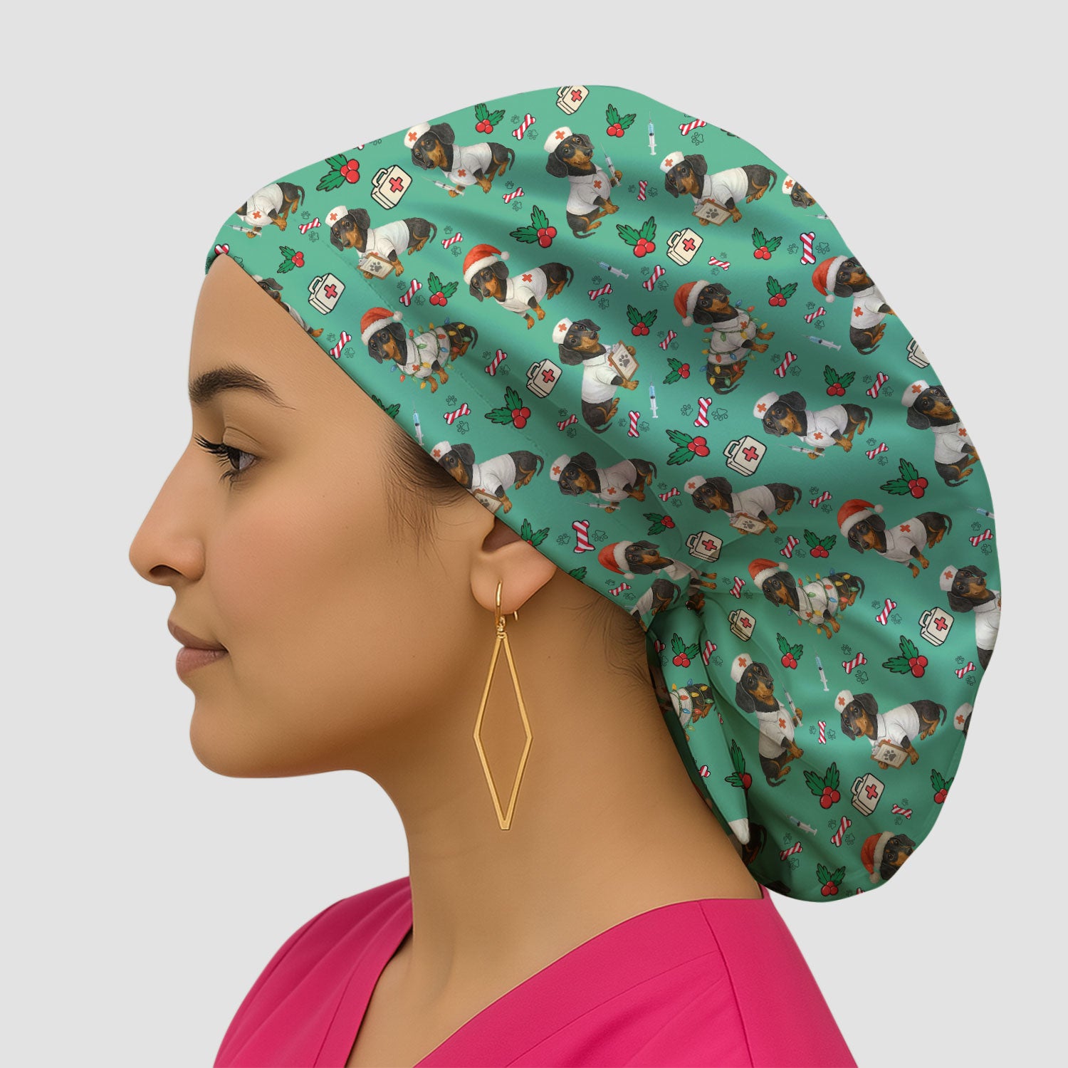 Custom Christmas Nurse Scrub Cap - Dachshund Dog Surgical Hat Multi Color - Funny Holiday Bouffant Cap for Women Nurses