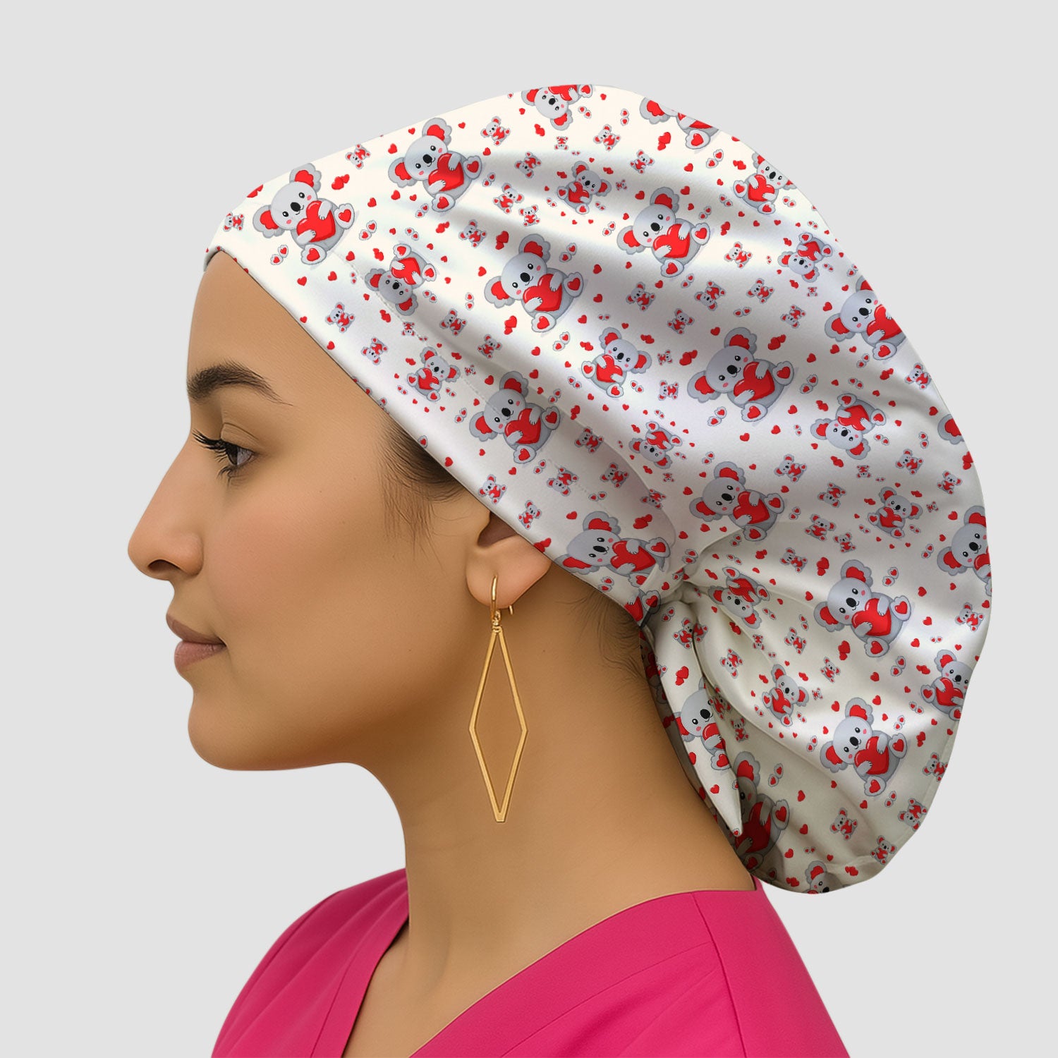 Valentine Cute Koala Heart Pattern Nurse Cap, Bouffant Scrub Caps for Women
