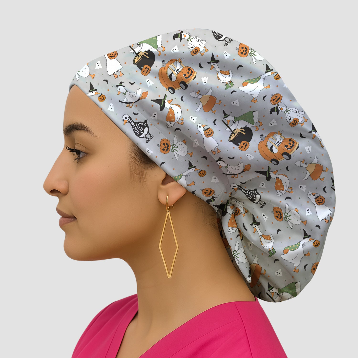 Goose with Pumpkin Checkered Print Scrub Cap, Surgical Caps for Doctors