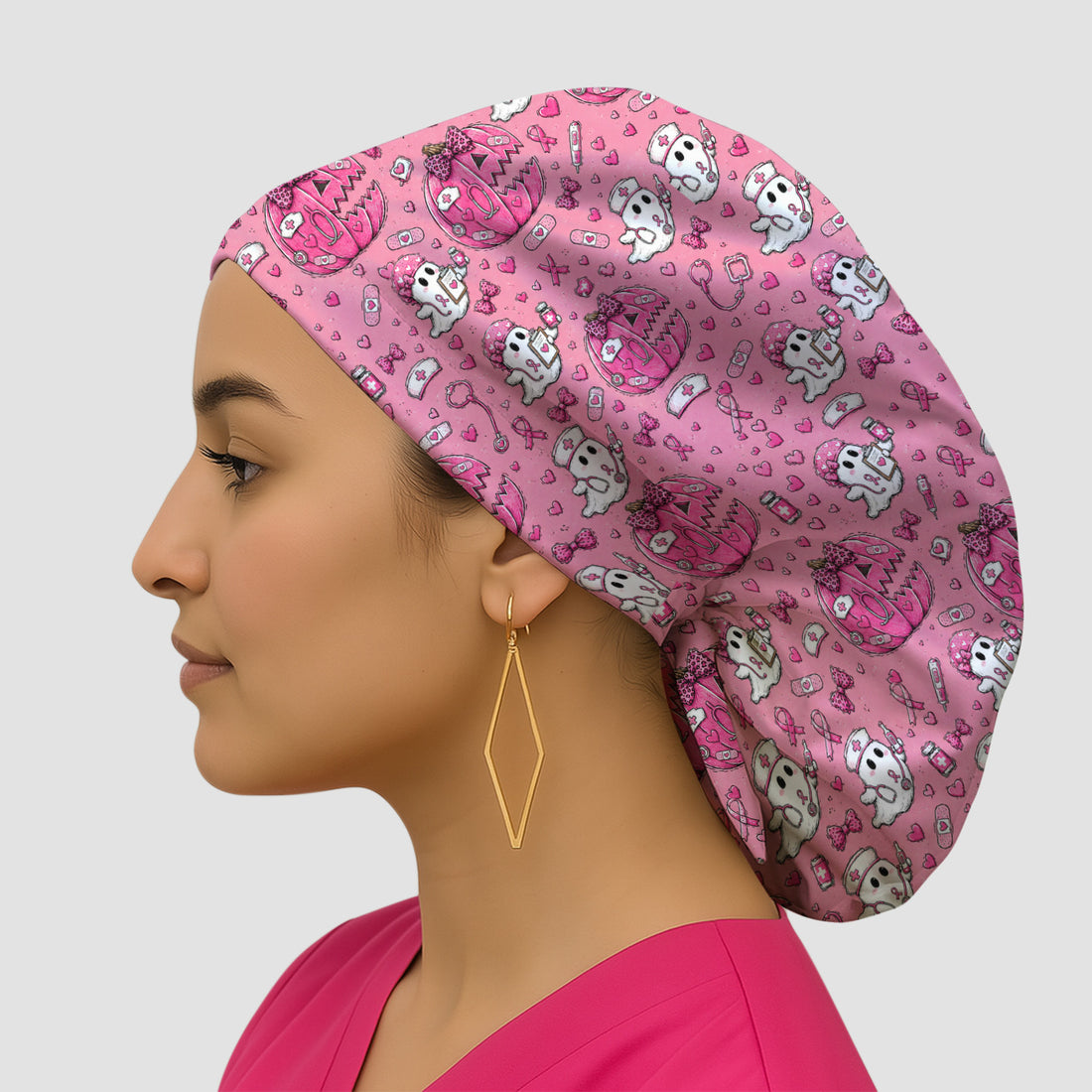 Pink Ribbon Ghost Pattern Scrub Cap, Surgical Caps for Doctors