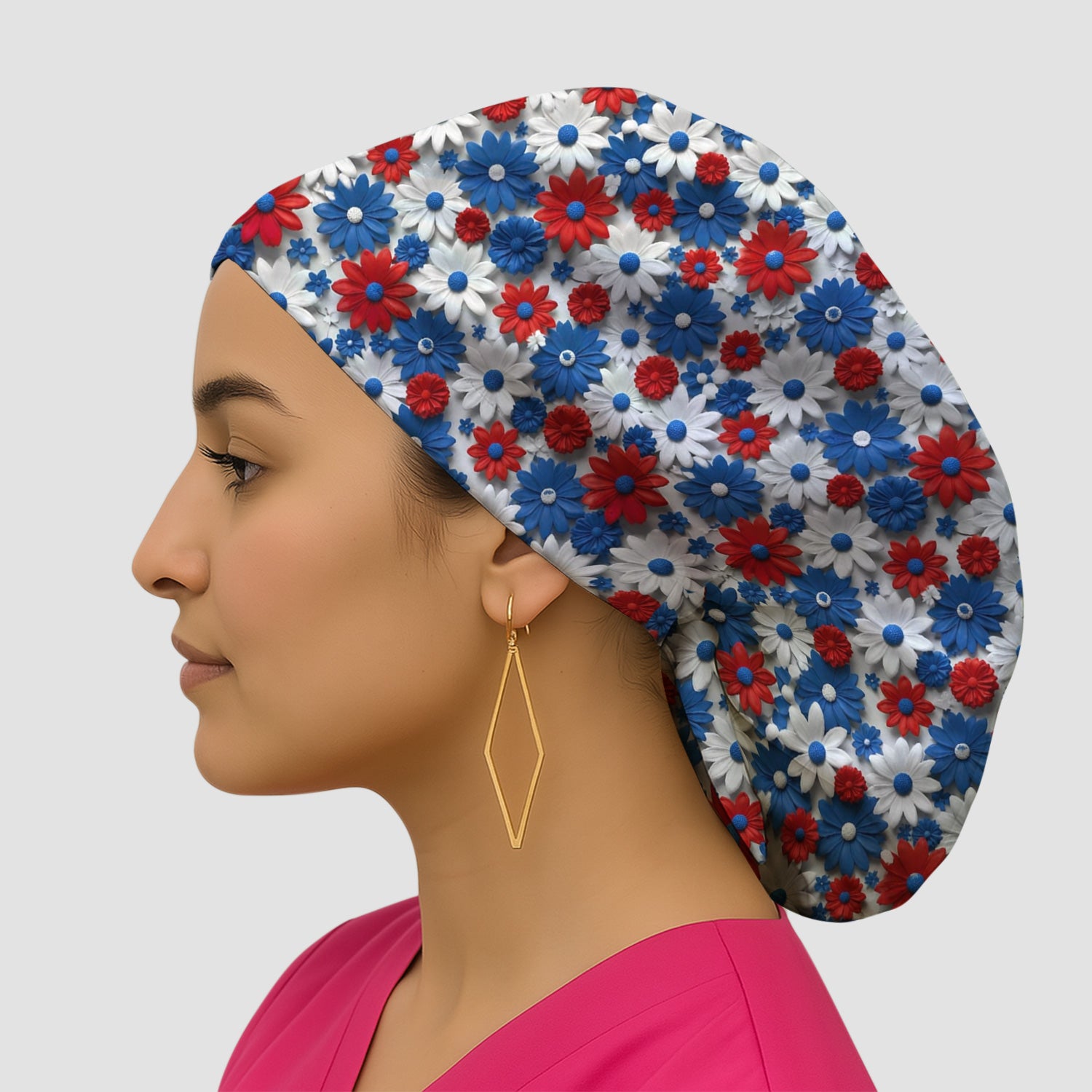 Patriotic Red Blue Daisy Floral Pattern Nurse Scrub Cap, Surgical Caps for Doctors