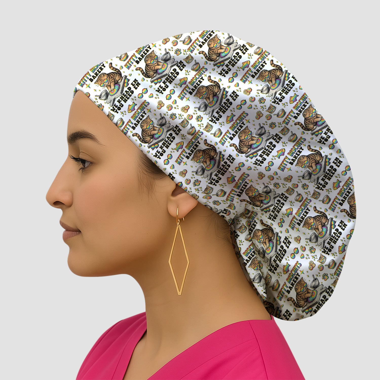 Pride Nurse Cat Baking Rainbow Dough Pattern Cap, Bouffant Scrub Caps for Women