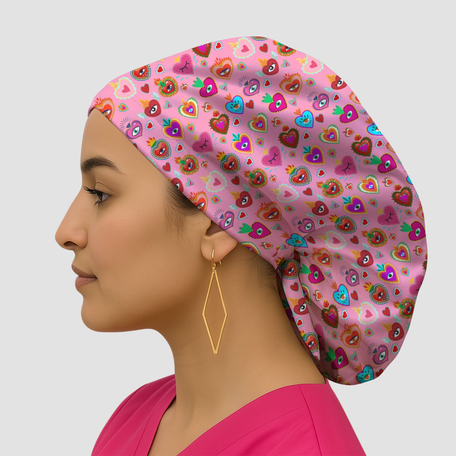 Valentine Colorful Sacred Heart Print Cap, Bouffant Scrub Caps for Women