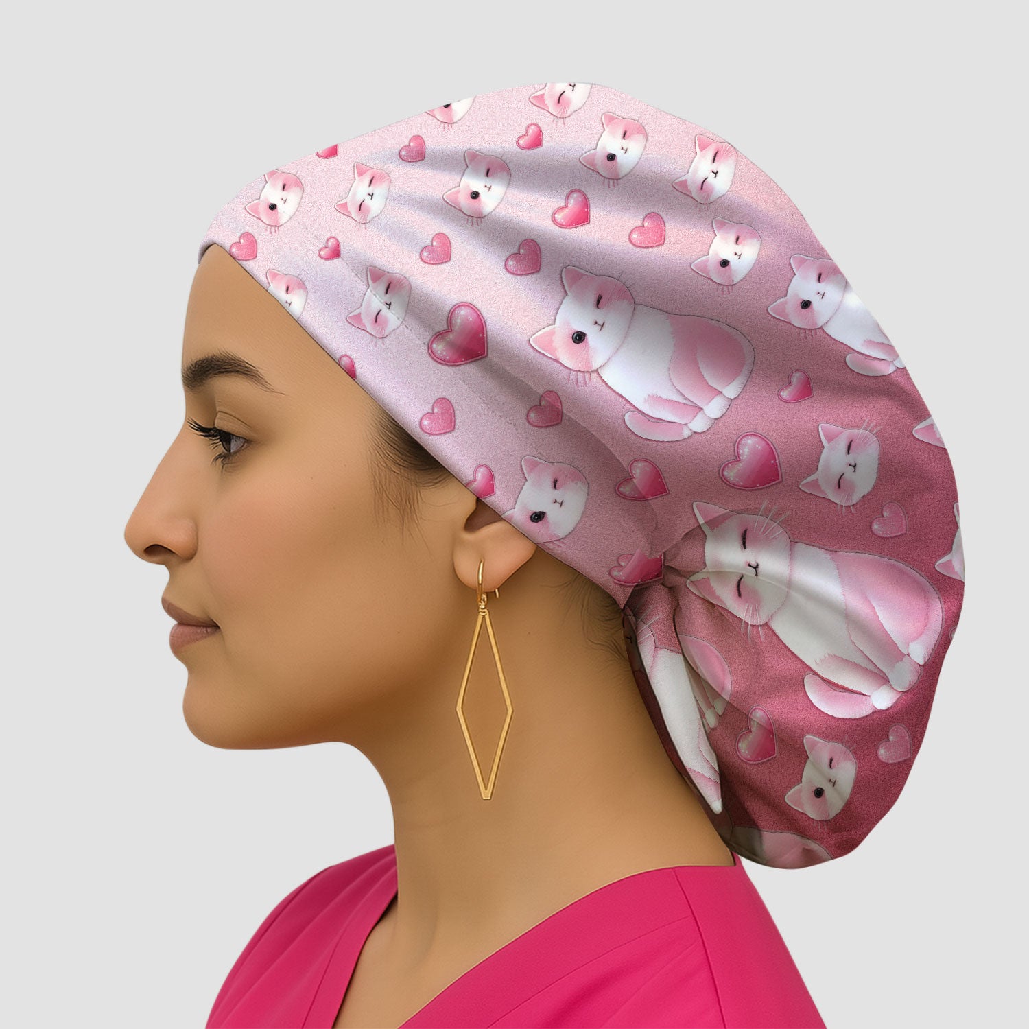 Valentine Cat Scrub Cap, Cute Heart Pattern Nurse Hat, Comfortable Scrubs For Nursing