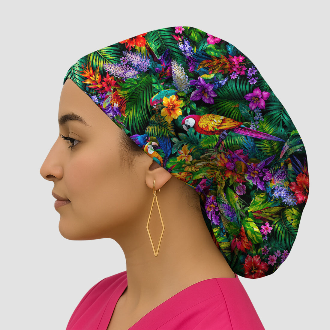 Tropical Parrot Jungle Blossom Pattern Scrub Cap, Surgical Caps for Doctors