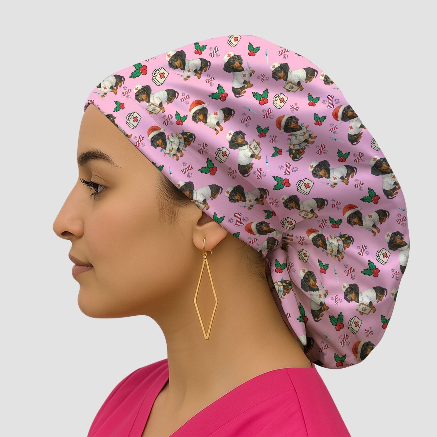 Custom Christmas Nurse Scrub Cap - Dachshund Dog Surgical Hat Multi Color - Funny Holiday Bouffant Cap for Women Nurses