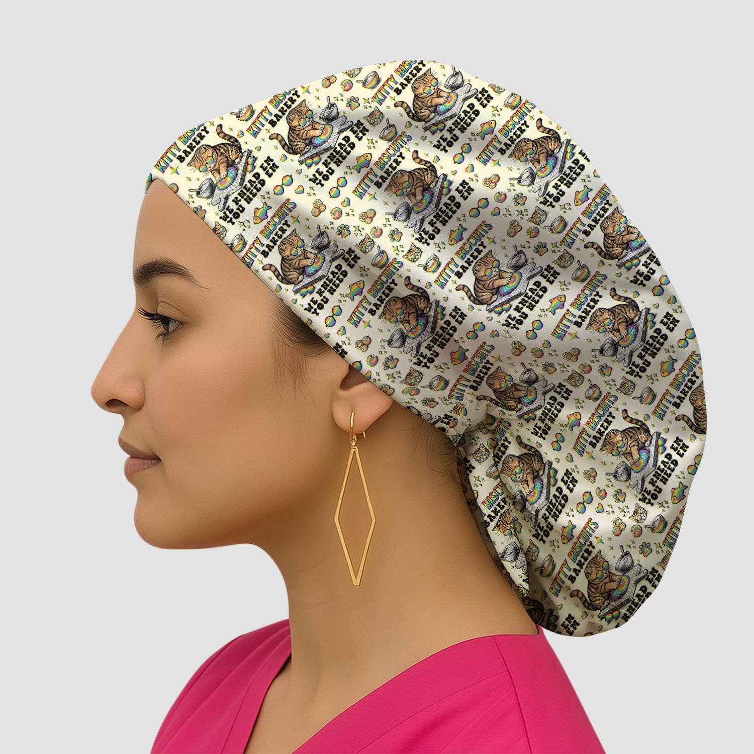 Pride Nurse Cat Baking Rainbow Dough Pattern Cap, Bouffant Scrub Caps for Women