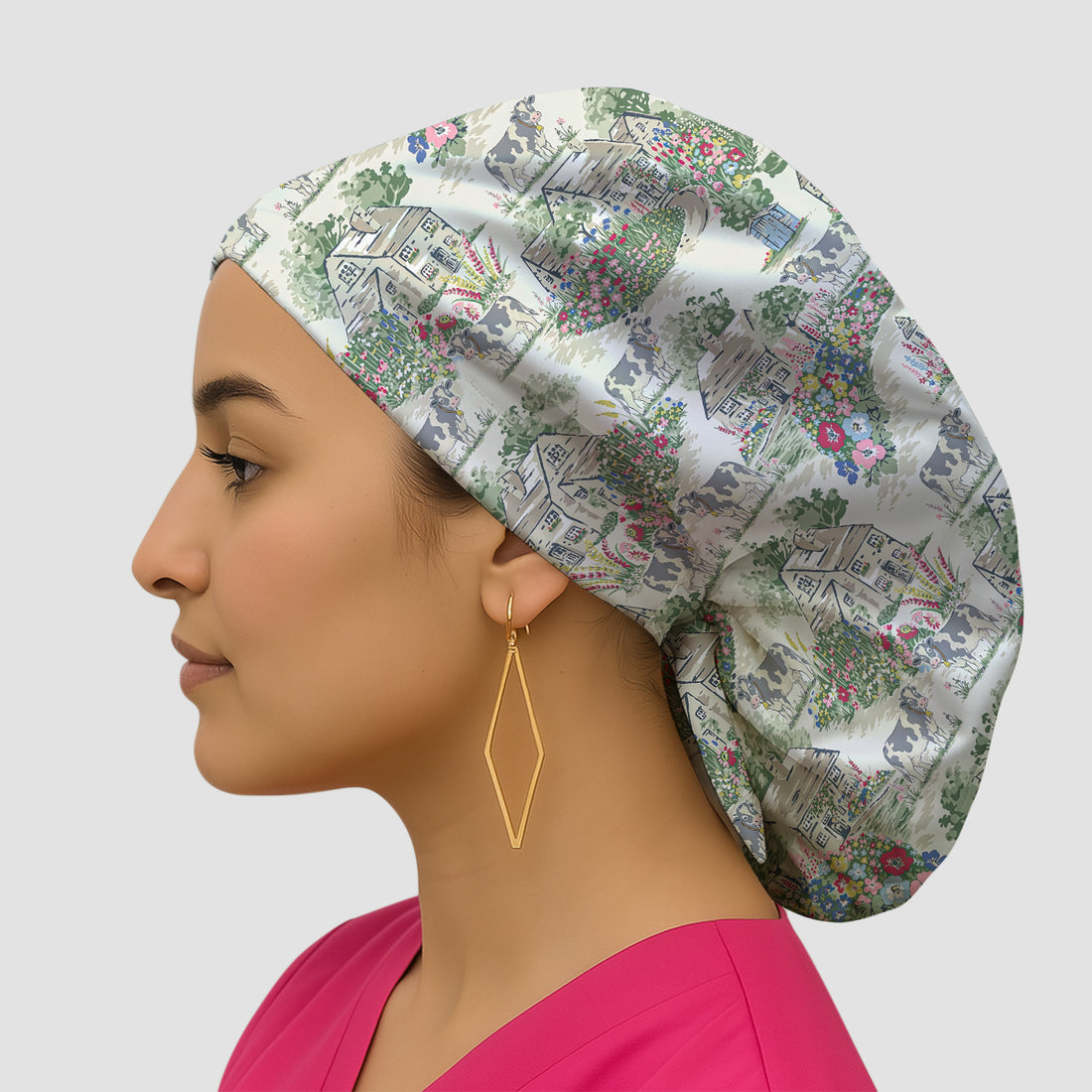 Charming Countryside Cows Cottage Garden Pattern Scrub Cap, Surgical Caps for Doctors