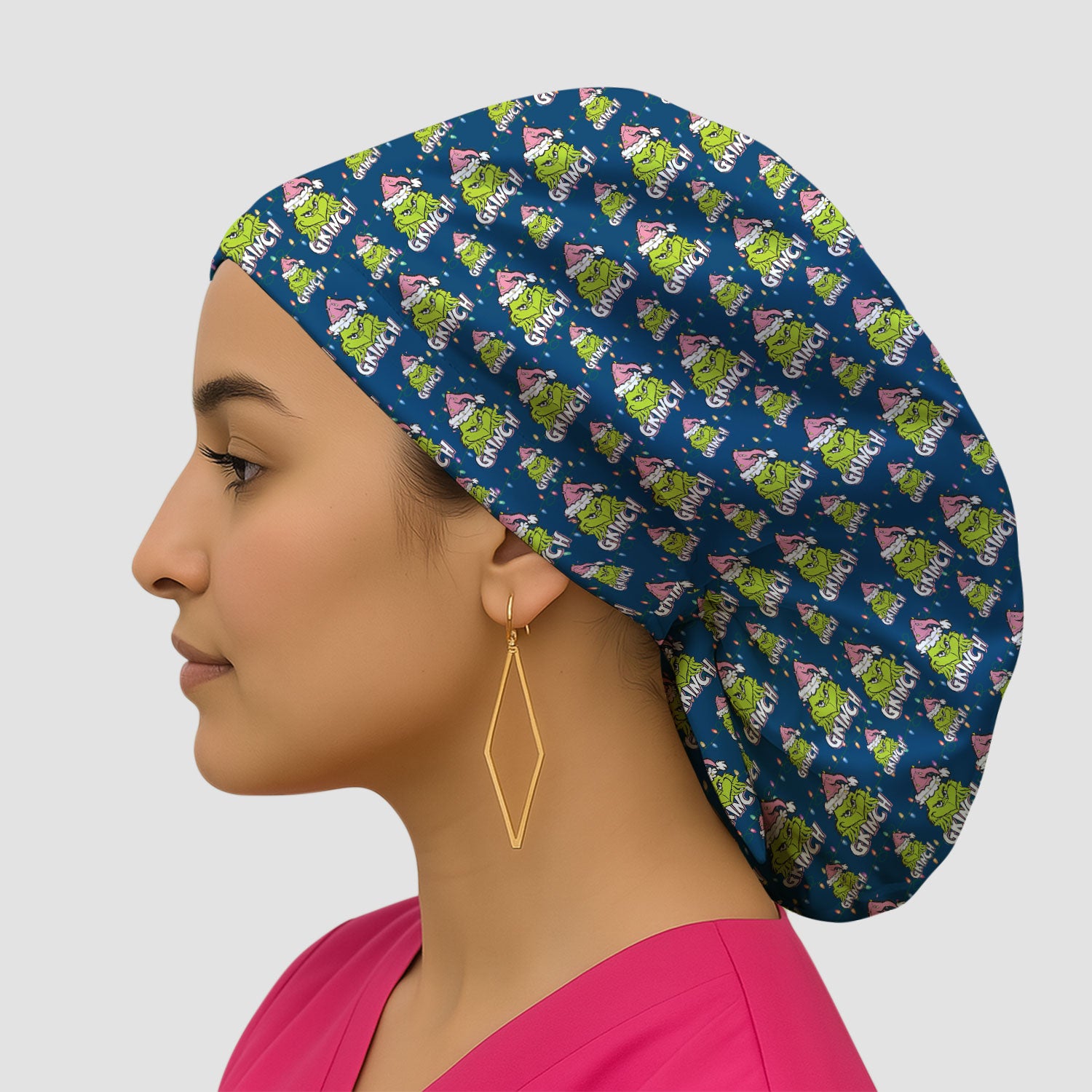 Grinch with Santa Hat Christmas Nurse Scrub Cap - Funny Holiday Surgical Hat Multi Color - Xmas Bouffant Cap for Women