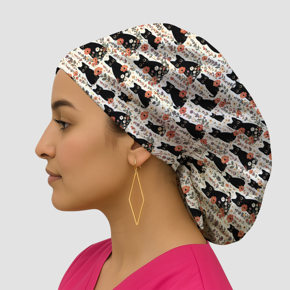 Cute Black Cat Wildflower Pattern Scrub Cap, Surgical Caps for Doctors