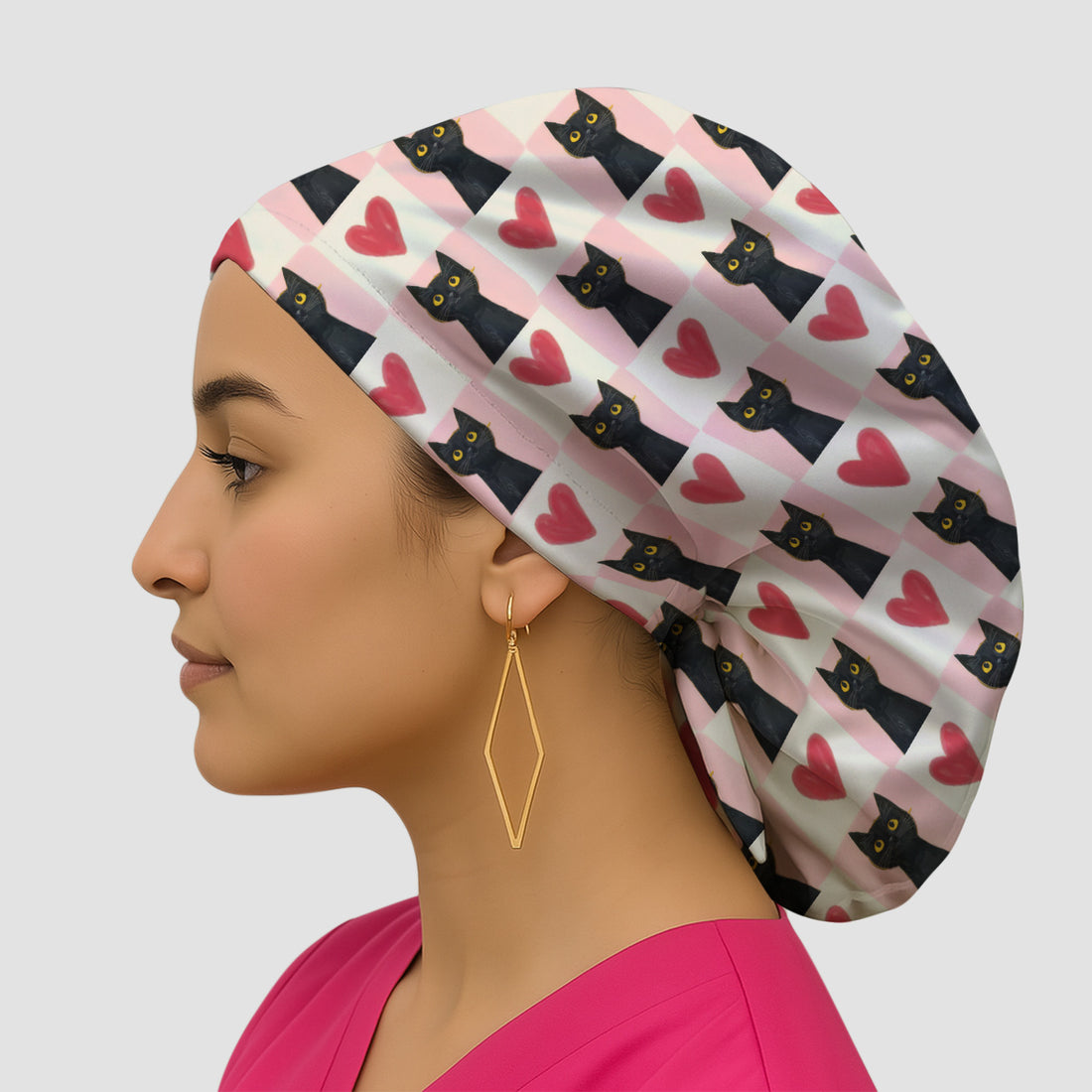 Cute Black Cat Heart Print Surgical Scrub Cap, Pink Medical Work Hat