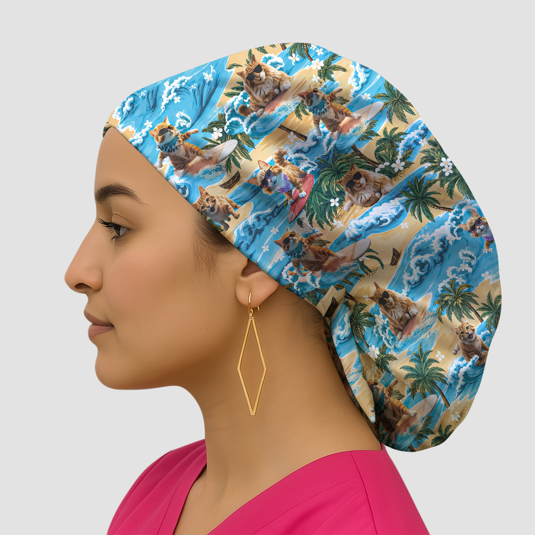 Tropical Surfing Cat with Beach Wave Island Print Scrub Cap, Surgical Caps for Doctors