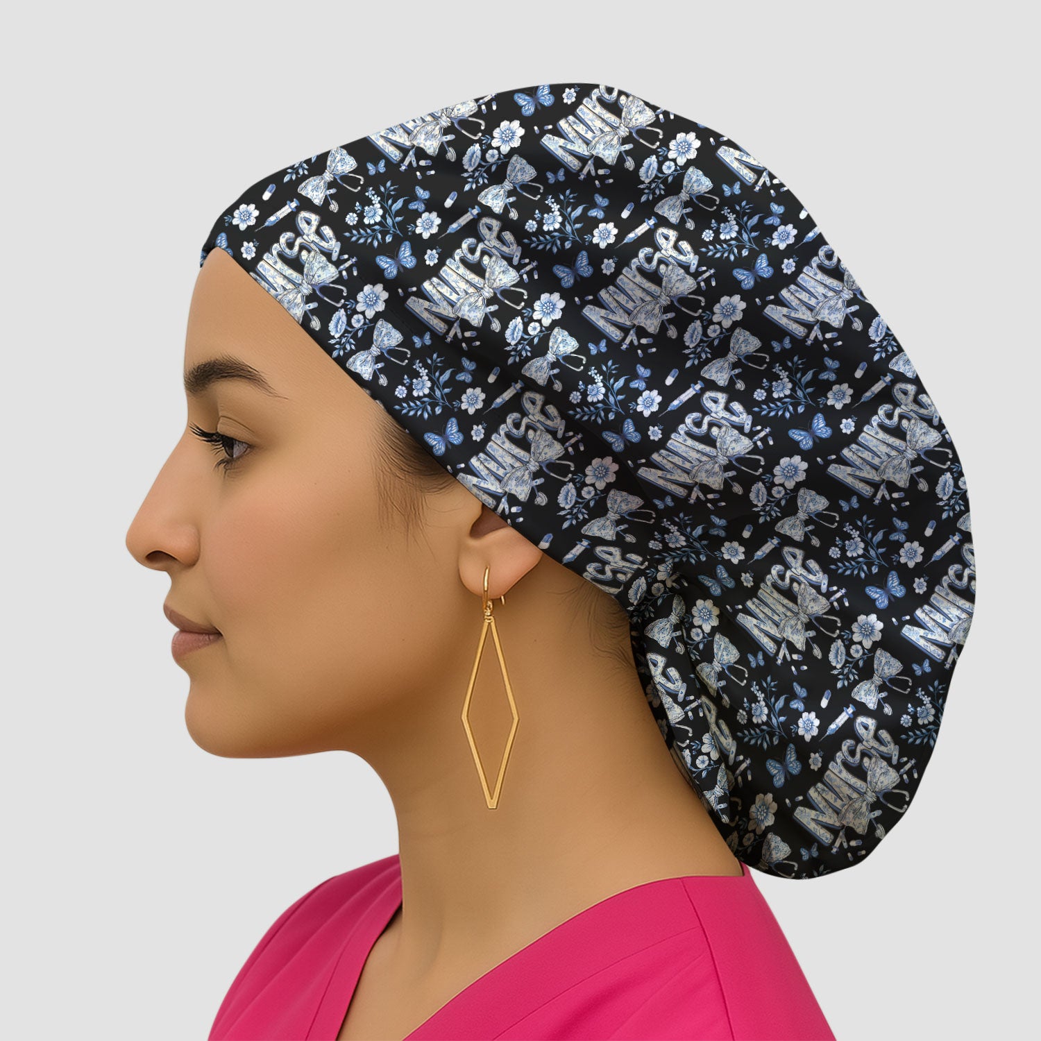 Blue Nurse Letter Floral Butterfly Print Cap, Breathable Fabrics Caps Uniform