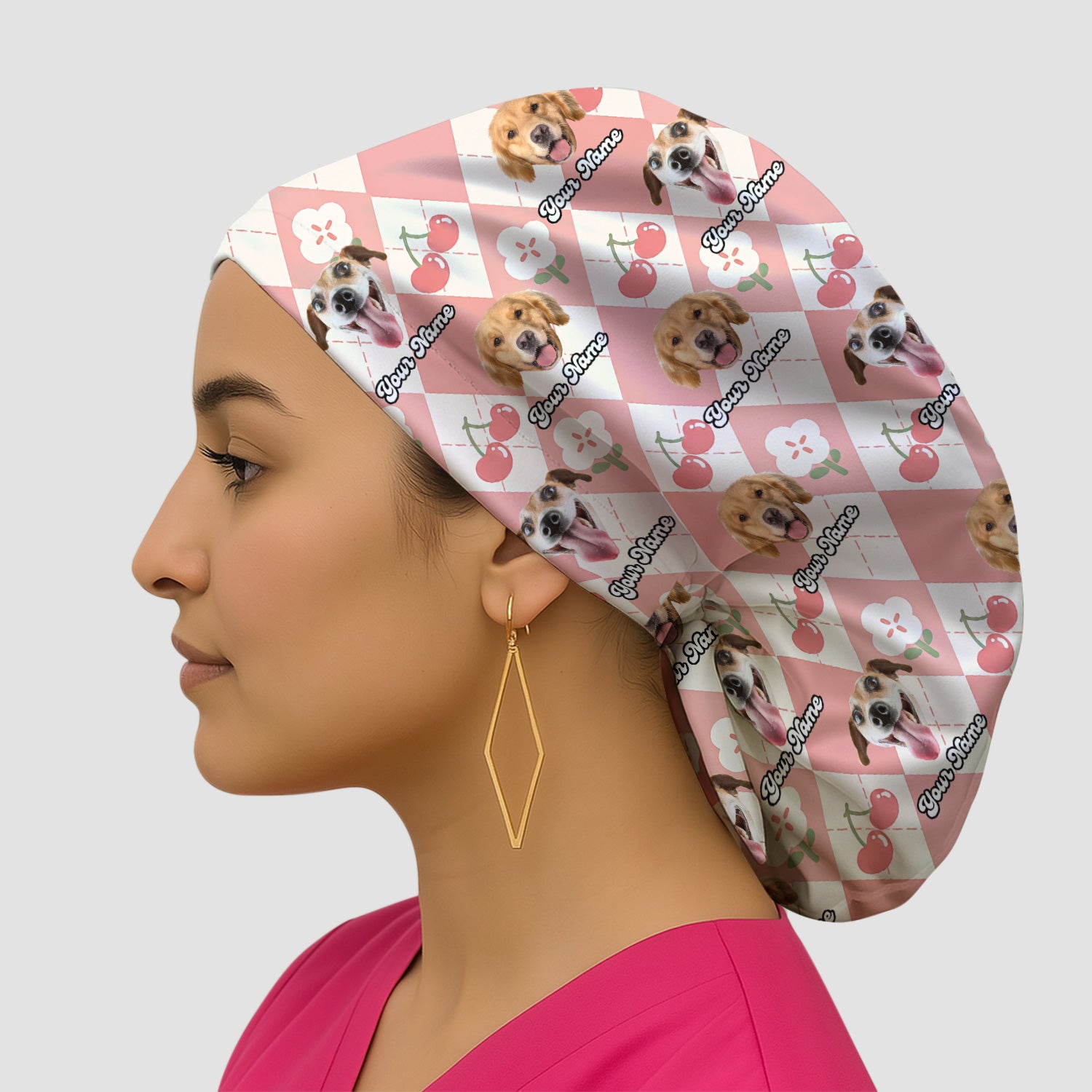 Custom Dog Face Scrub Cap, Playful Dog Cherry Argyle Pattern, Surgical Caps for Doctors