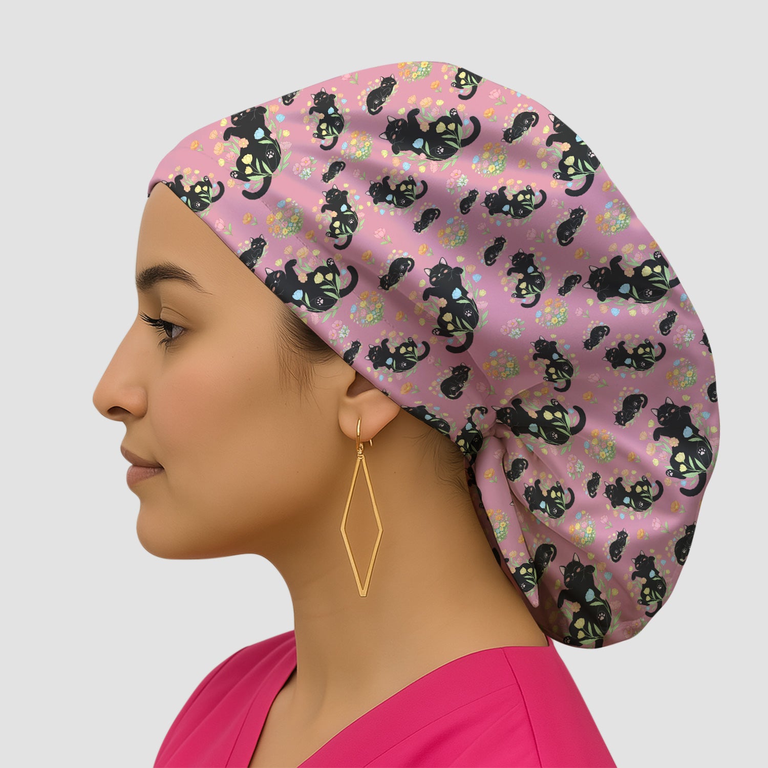 Cats With Cute Poses Floral Pattern Caps, Bouffant Scrub Caps for Women