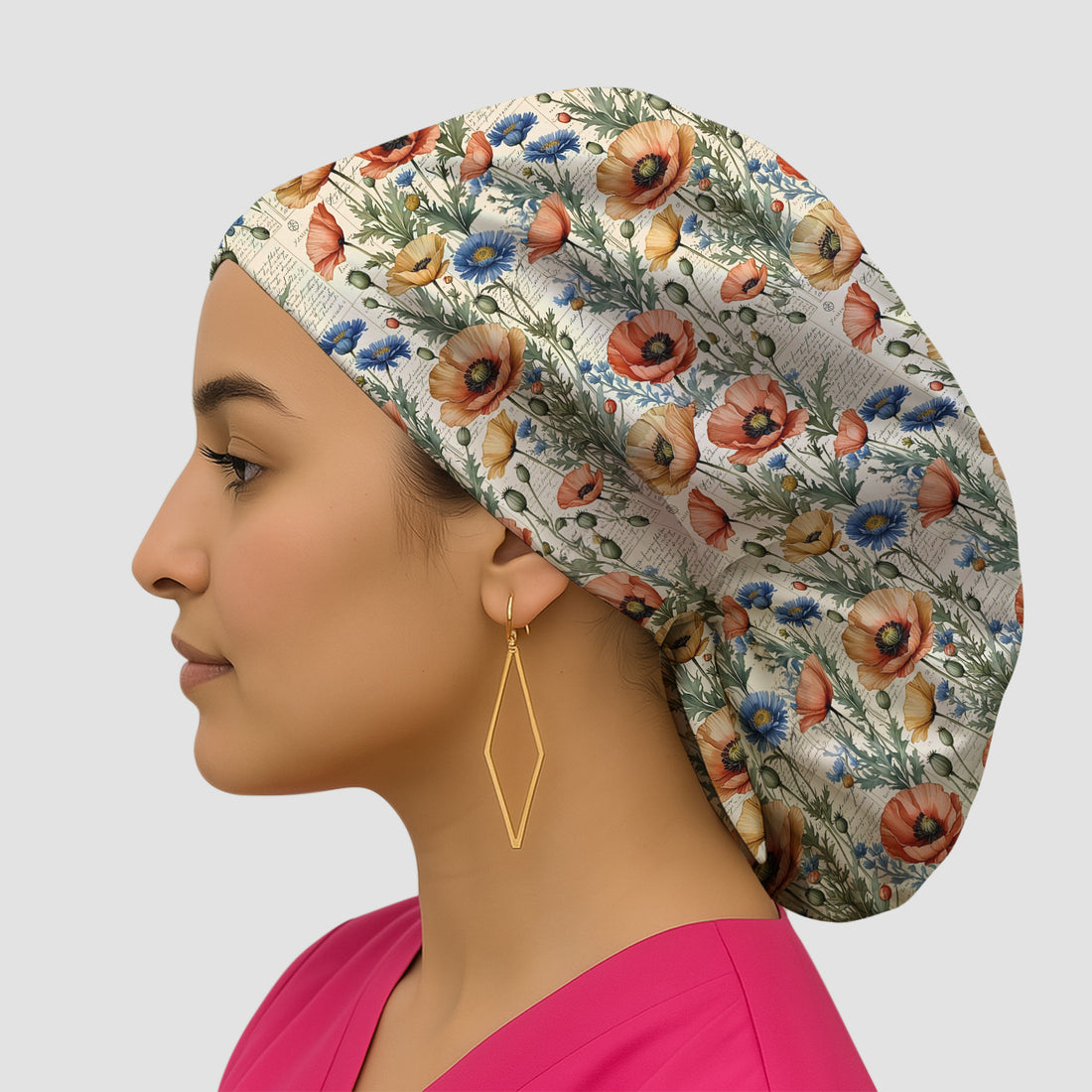 Vintage Poppy Wildflower Script Print Scrub Cap, Surgical Caps for Doctors