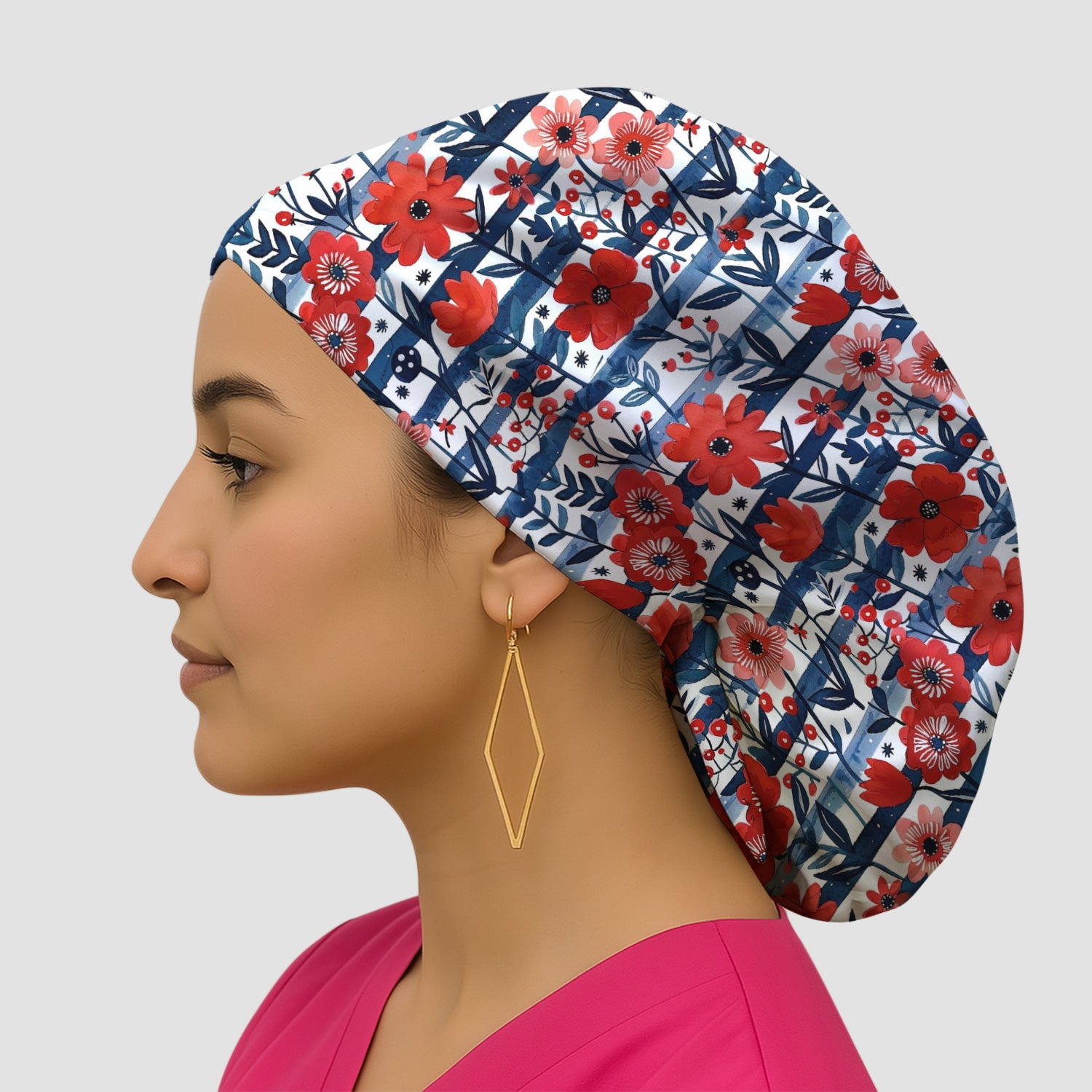 Red Poppy Navy Stripe Pattern Scrub Cap, Surgical Caps for Doctors