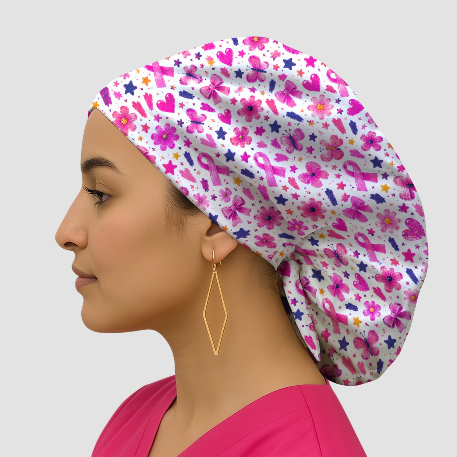 Pink Ribbon Floral Pattern Scrub Cap, Surgical Caps for Doctors