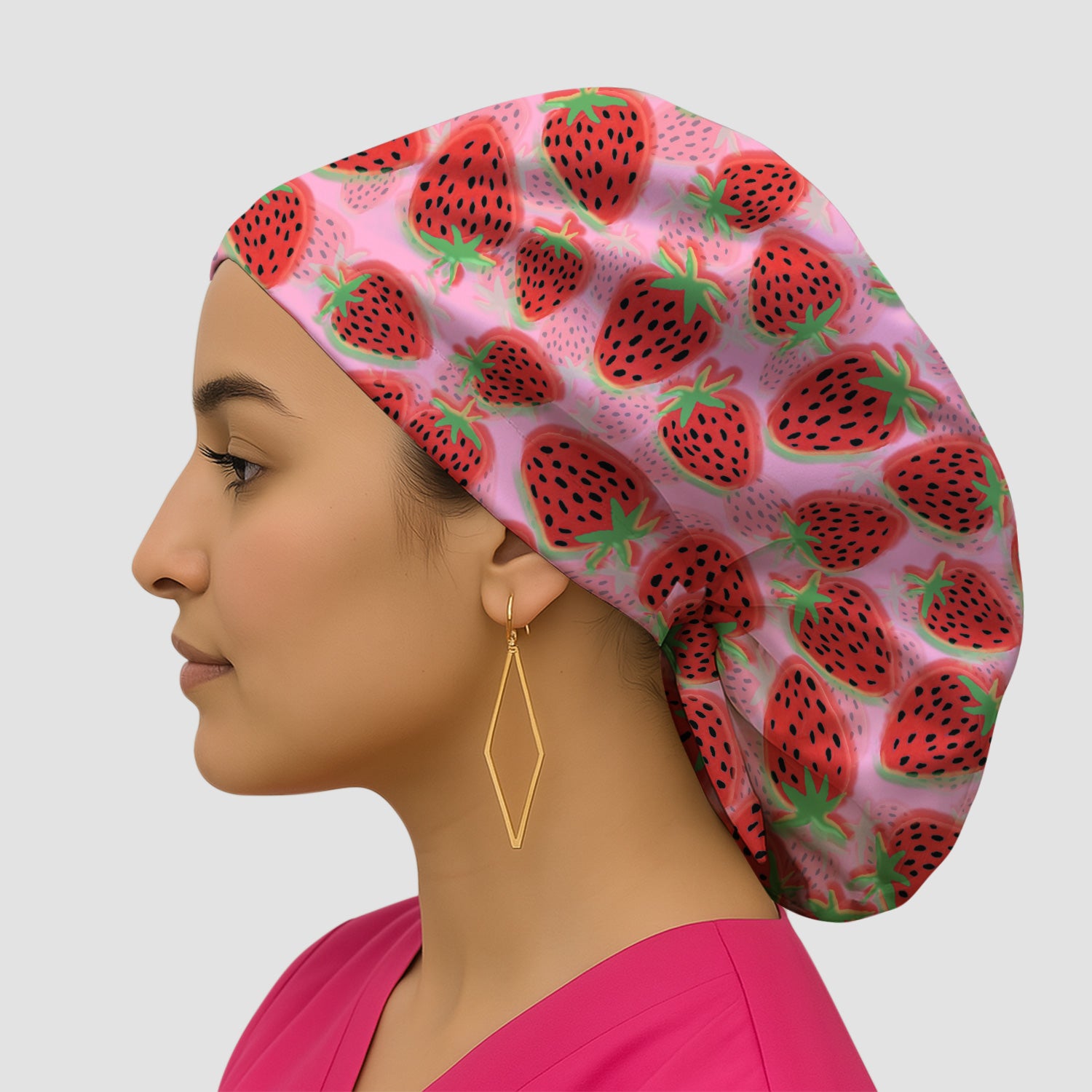 Pink Strawberry Pattern Cap, Bouffant Scrub Caps for Women