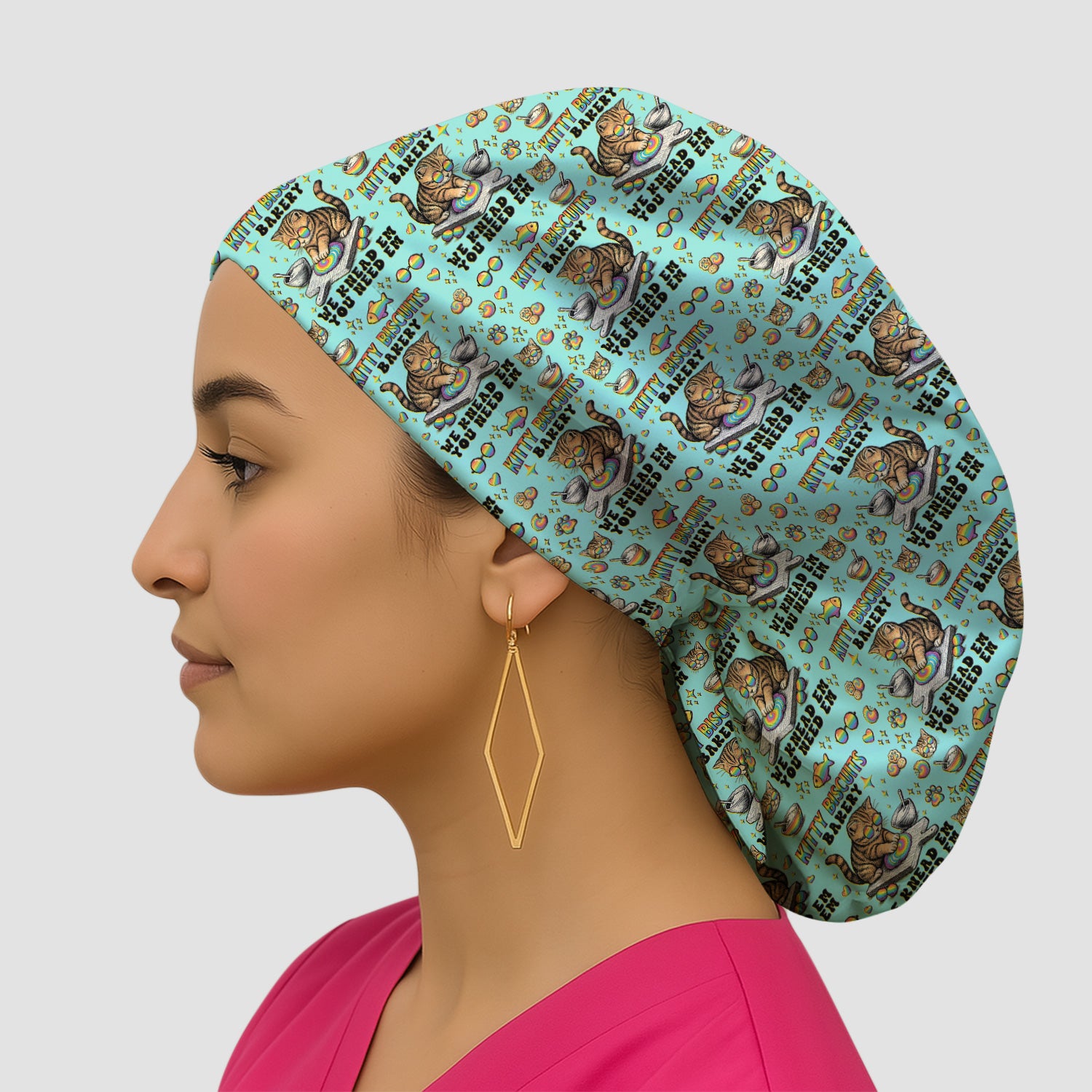 Pride Nurse Cat Baking Rainbow Dough Pattern Cap, Bouffant Scrub Caps for Women
