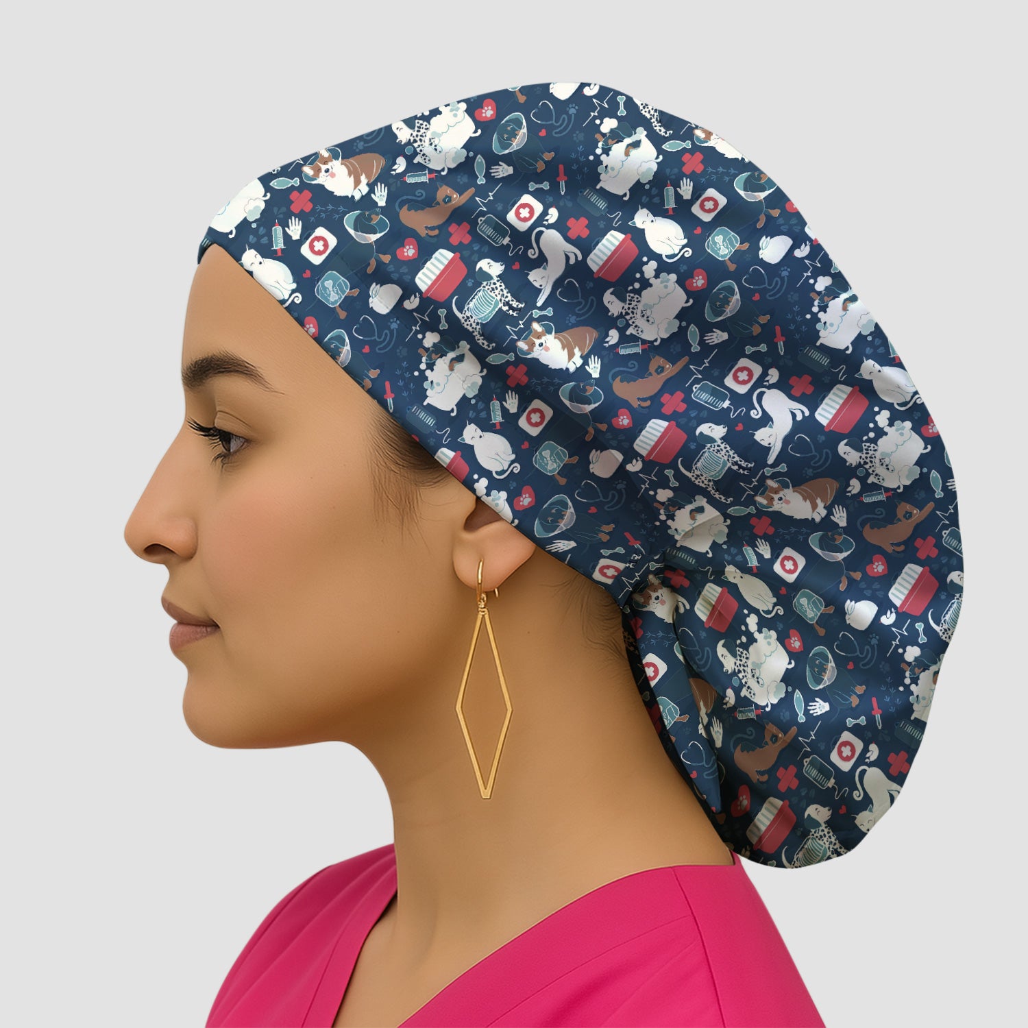 Dogs With Veterinary Tools And Paw Print Scrub Cap, Surgical Caps for Doctors