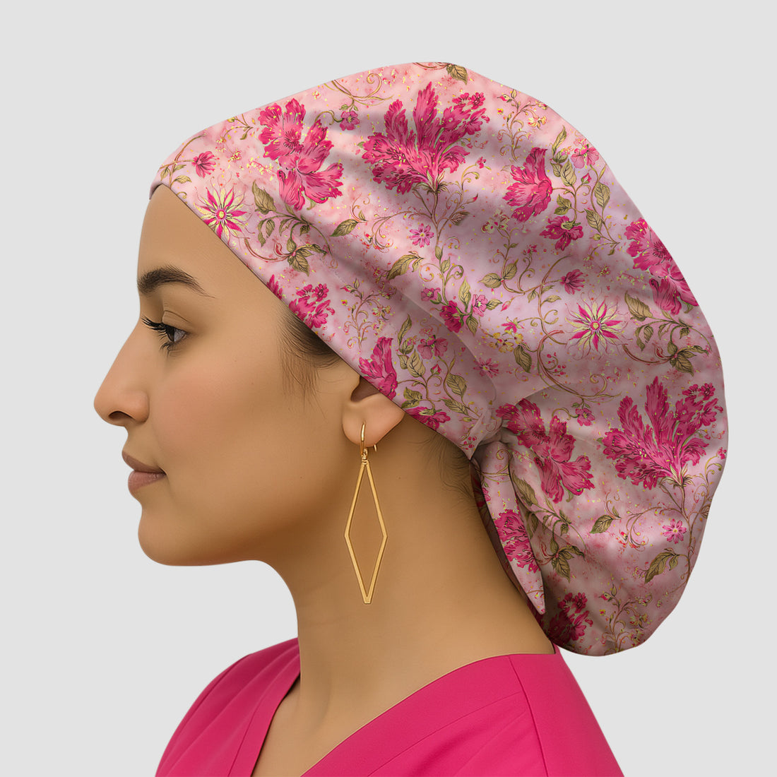Elegant Pink Floral Vine Pattern Scrub Cap, Breathable Fabrics Caps Uniform