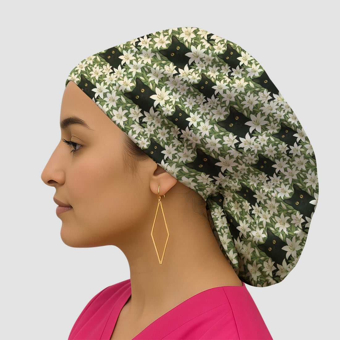 Black Cat Hidden In Lily Garden Pattern Scrub Cap, Surgical Caps for Doctors