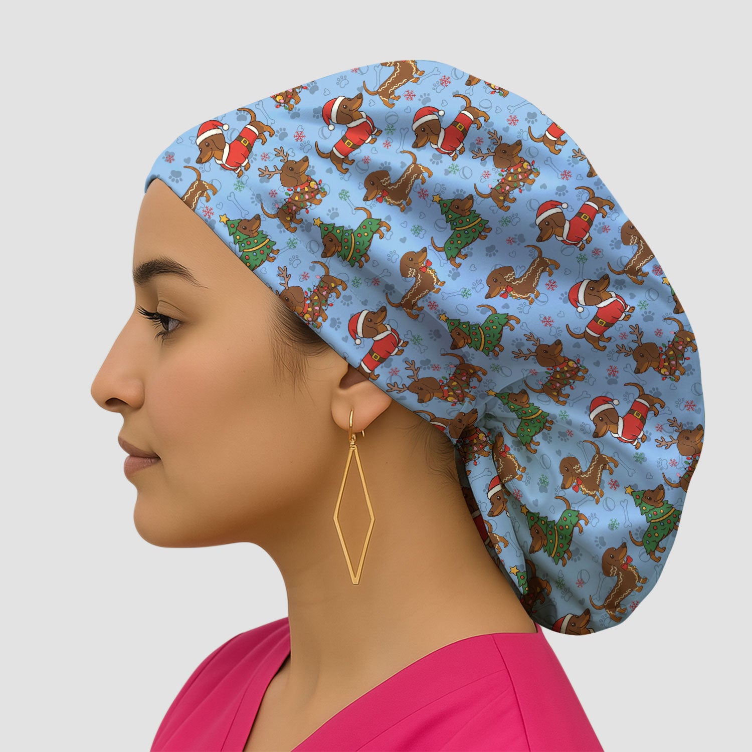 Christmas Dachshund Scrub Cap - Sausage Dog Wiener Holiday Surgical Hat Multi Color - Xmas Gift for RN CNA LPN