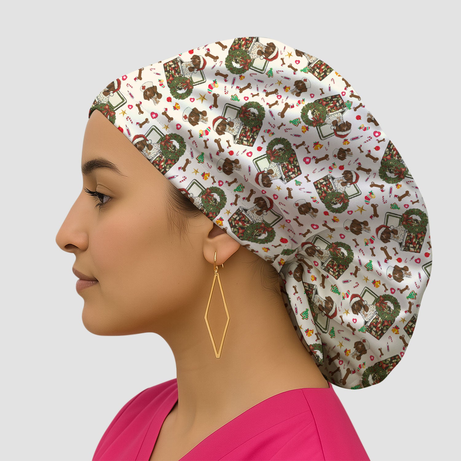 Christmas Dachshund Bouffant Scrub Caps for Women - Cute Sausage Dog Nursing Gift