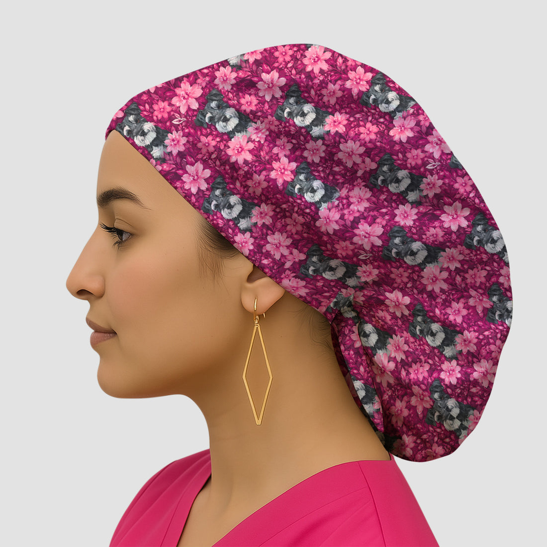 Pink Floral Schnauzer Pattern Scrub Cap, Surgical Caps for Doctors