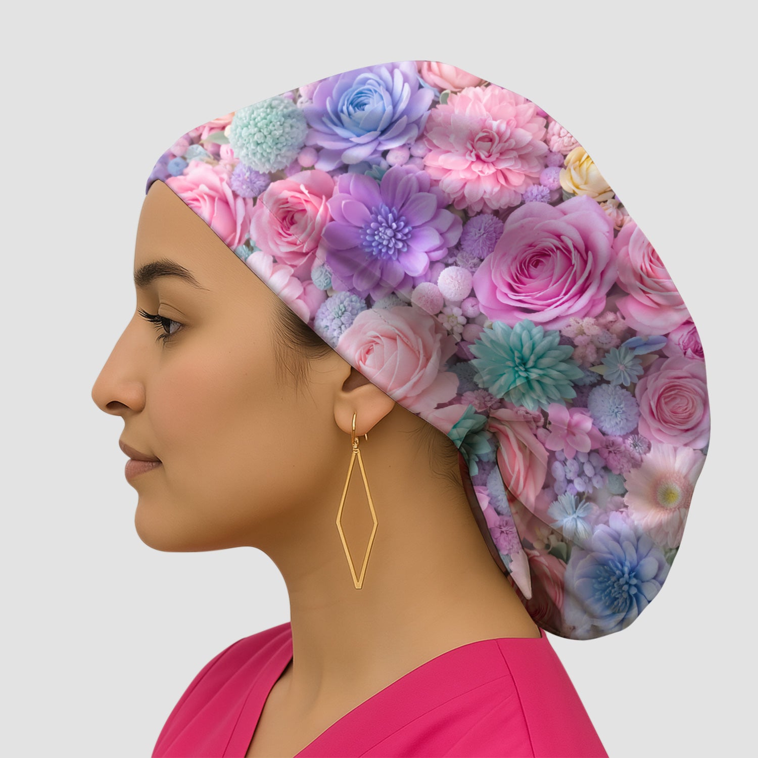 Pastel Floral Scrub Cap, Pink Rose Candy Color Surgical Cap for Doctors