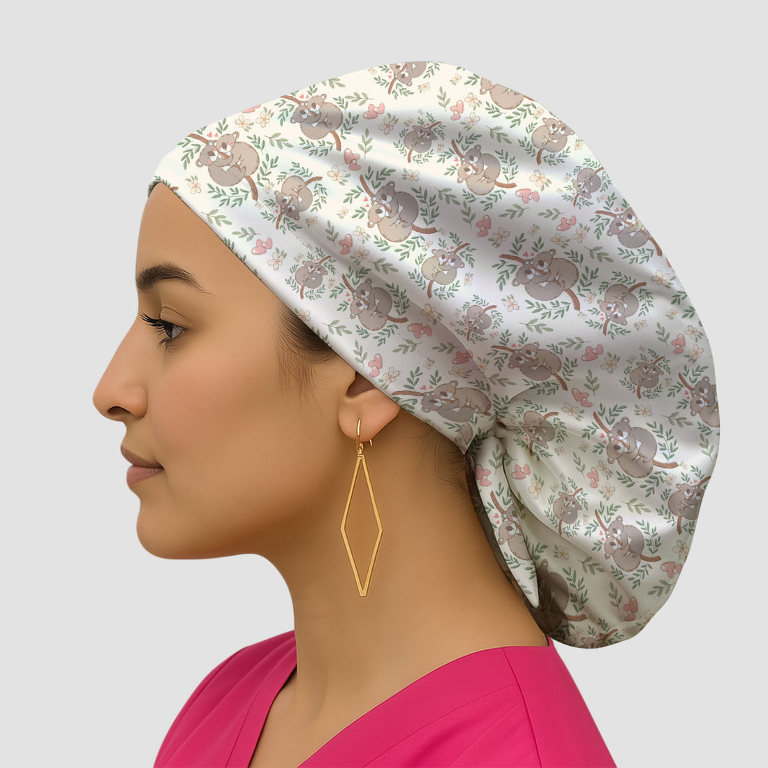 Cute Koala Love Floral Scrub Cap Pattern,  Bouffant Scrub Caps for Women