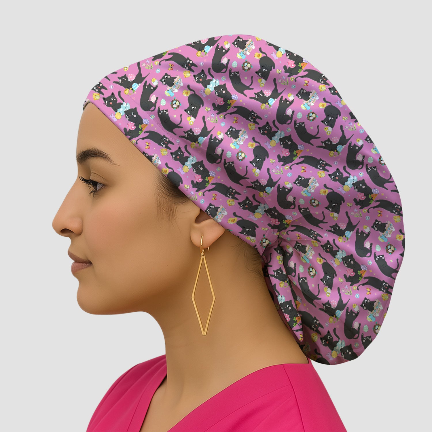 Playful Black Cat Easter Egg Pattern Cap, Bouffant Scrub Caps for Women