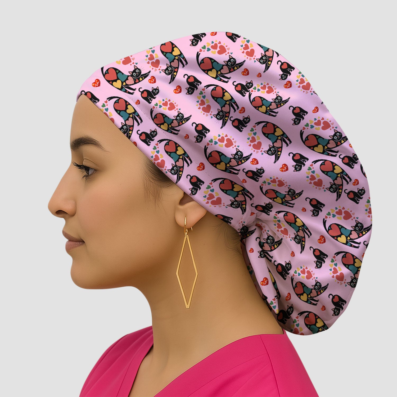 Playful Cat Valentine Heart Print Nurse Scrub Cap, Bouffant Scrub Caps for Women