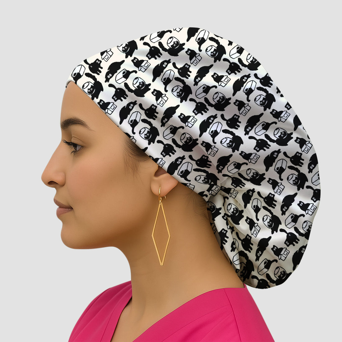 Dark Playful Cat Cartoon Pattern Cap, Bouffant Scrub Caps for Women