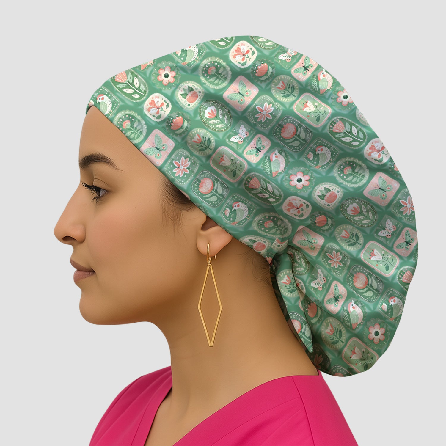 Folk Art Floral Bird Butterfly Garden Pattern Scrub Cap, Surgical Caps for Doctors