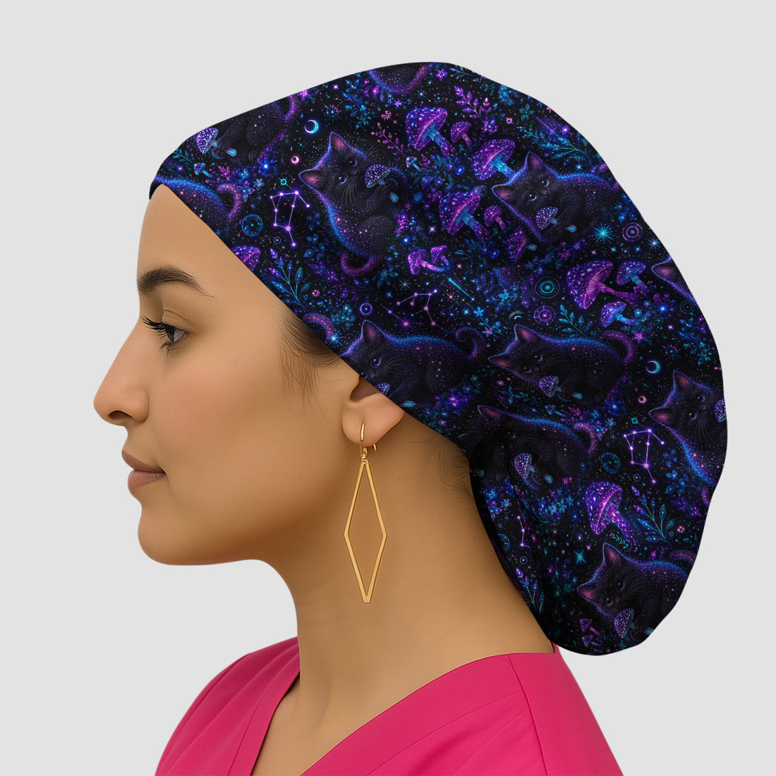 Neon Black Cat Mushroom Galaxy Pattern Scrub Cap, Surgical Caps for Doctors