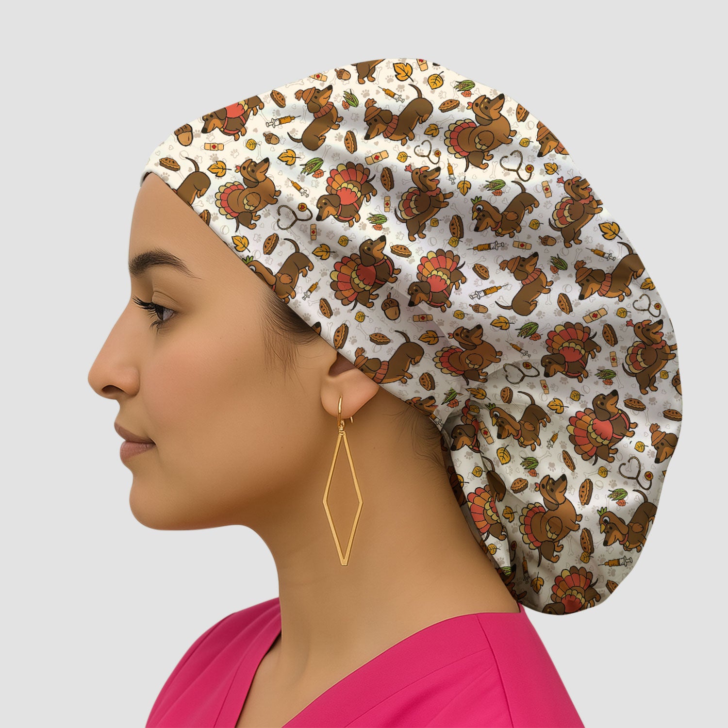 Thanksgiving Wiener Dog Bouffant Scrub Caps for Women - Funny Dachshund Turkey Holiday Nursing Gift - Breathable Fabrics Caps