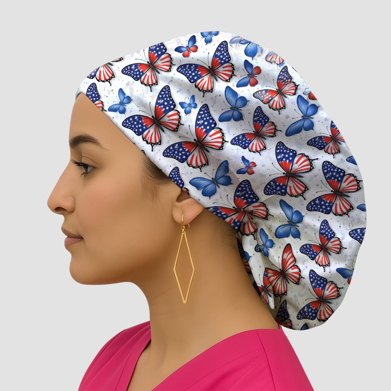 Charming Patriotic Butterfly Star Pattern Scrub Cap, Breathable Fabrics Caps Uniform
