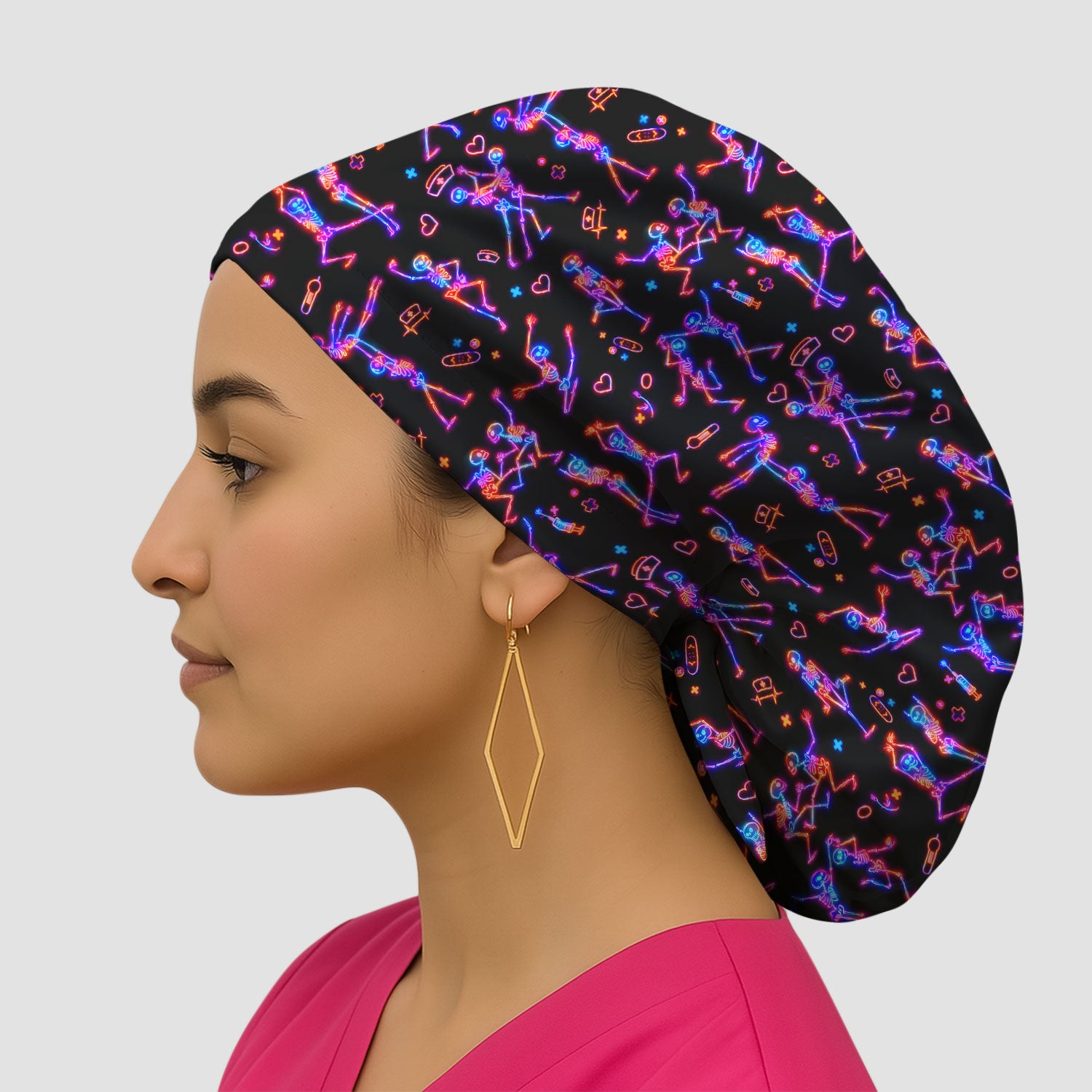 Neon Dancing Skeleton Medical Pattern Cap, Bouffant Scrub Caps for Women
