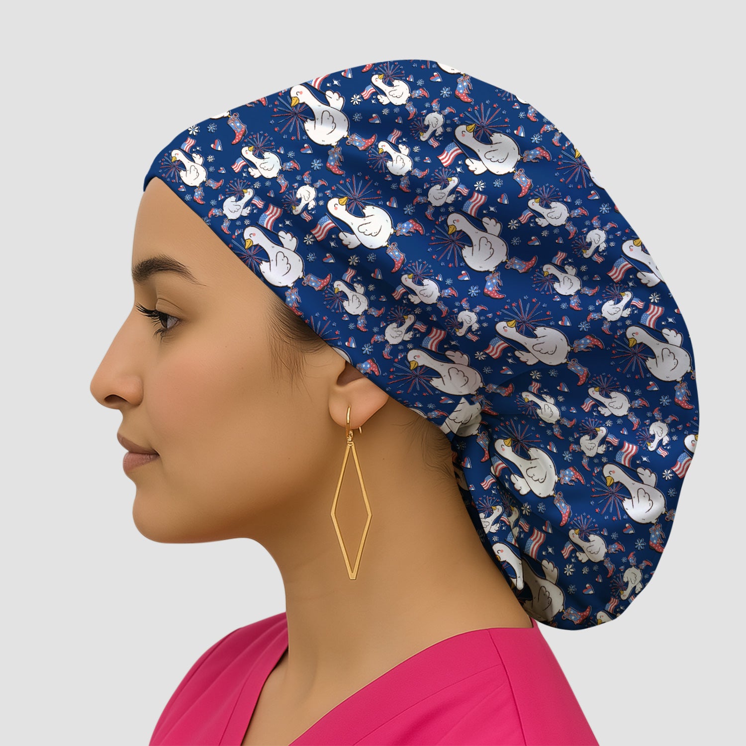 Patriotic Goose With USA Flag Fireworks Scrub Cap, Surgical Caps for Doctors