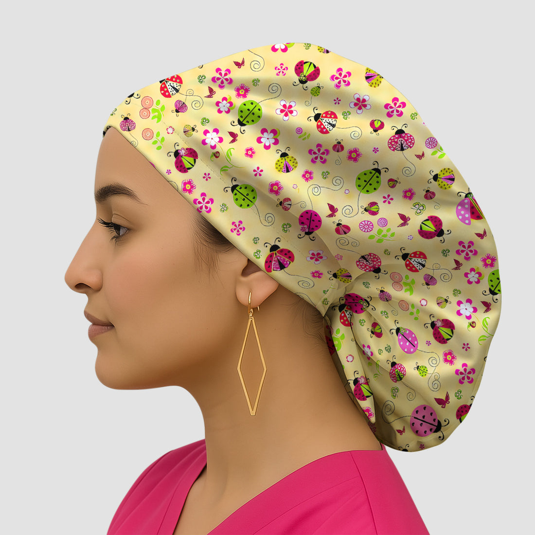 Yellow Ladybug Floral Garden Pattern Scrub Cap, Surgical Caps for Doctors