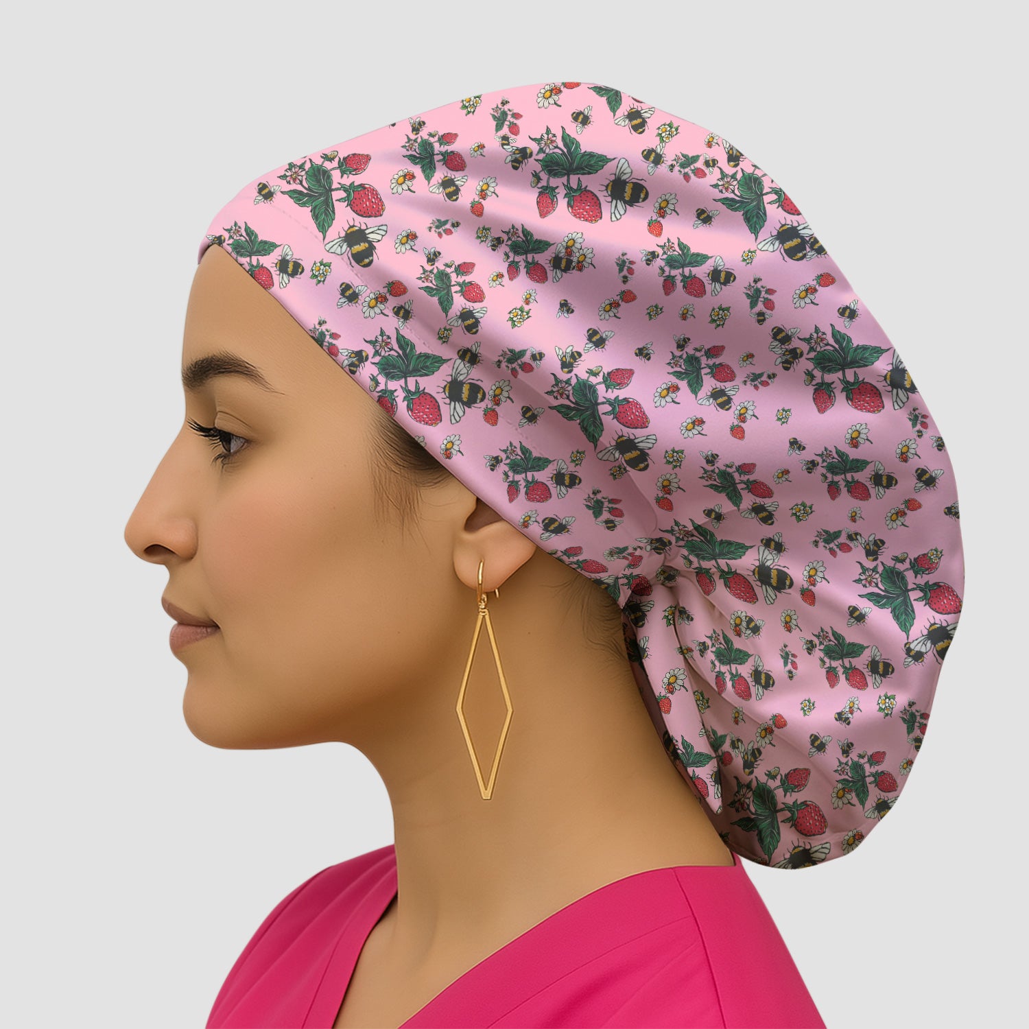 Cute Strawberry Bee Daisy Floral Pattern Scrub Cap, Bouffant Scrub Caps for Women